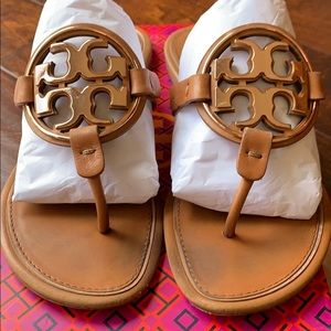 Tory Burch tan and rose gold Miller sandal